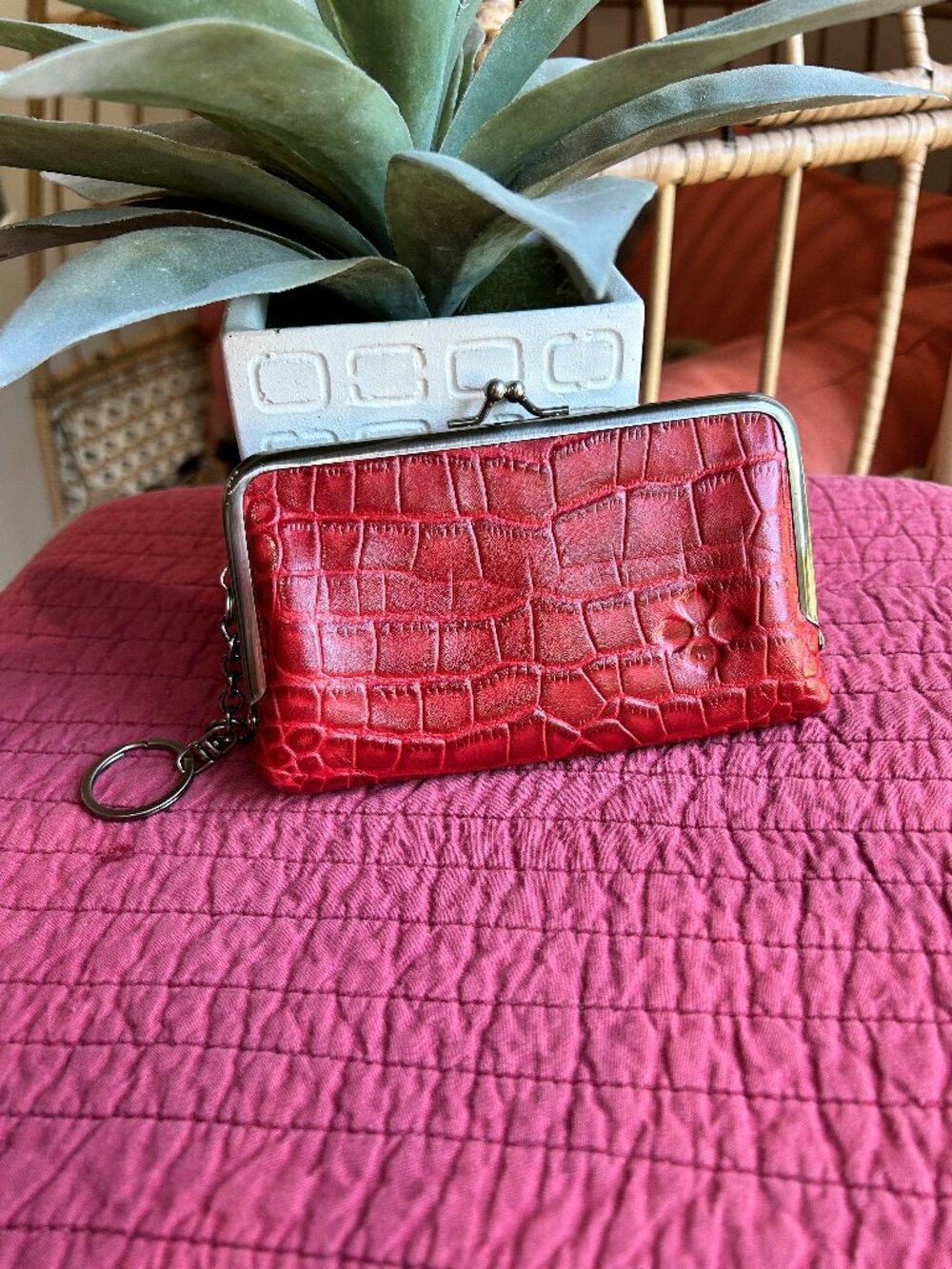Patricia Nash Red leather kisslock coin purse and keychain